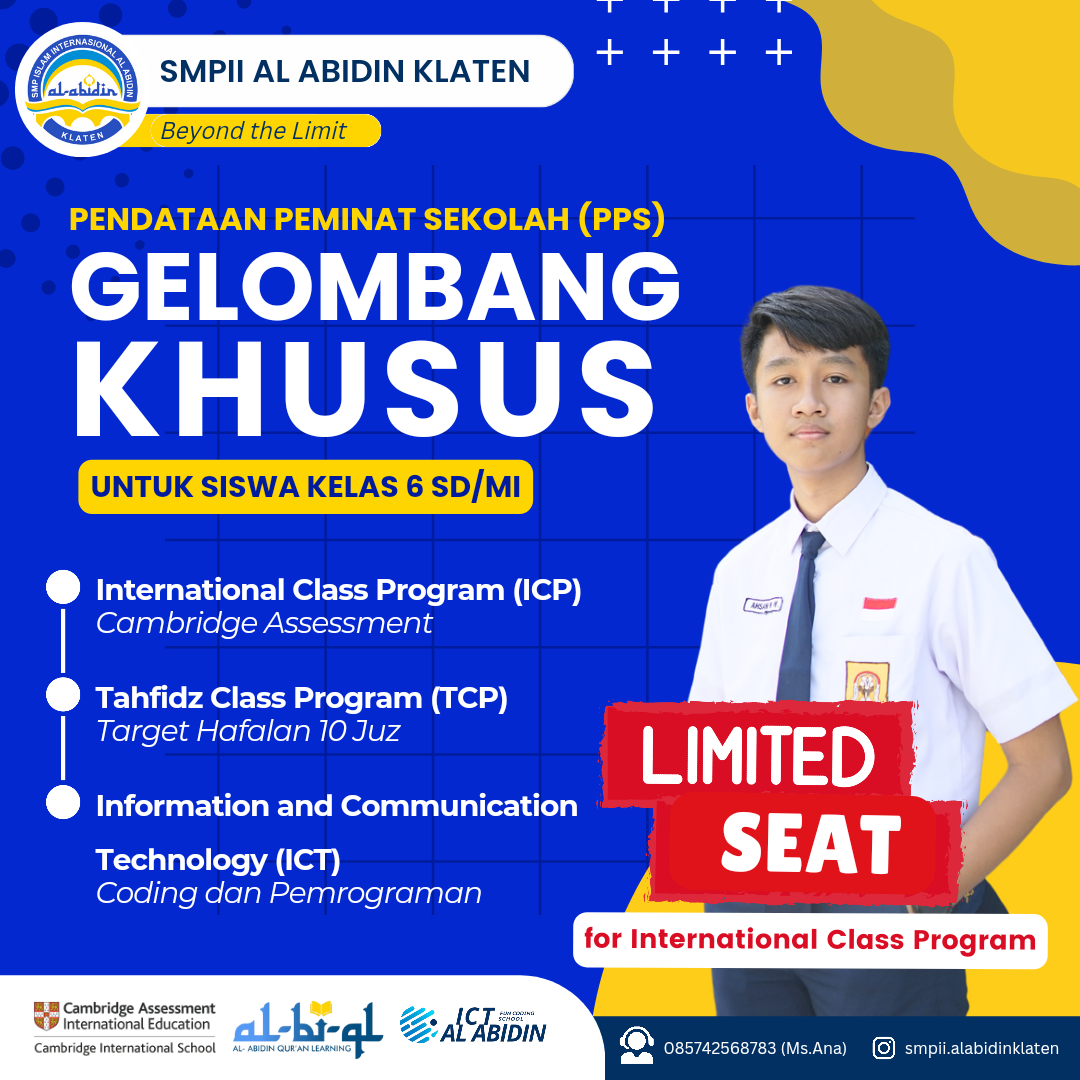 SMP ISLAM INTERNASIONAL AL ABIDIN KLATEN MASIH MEMBUKA PENDAFTARAN DENGAN KUOTA TERBATAS