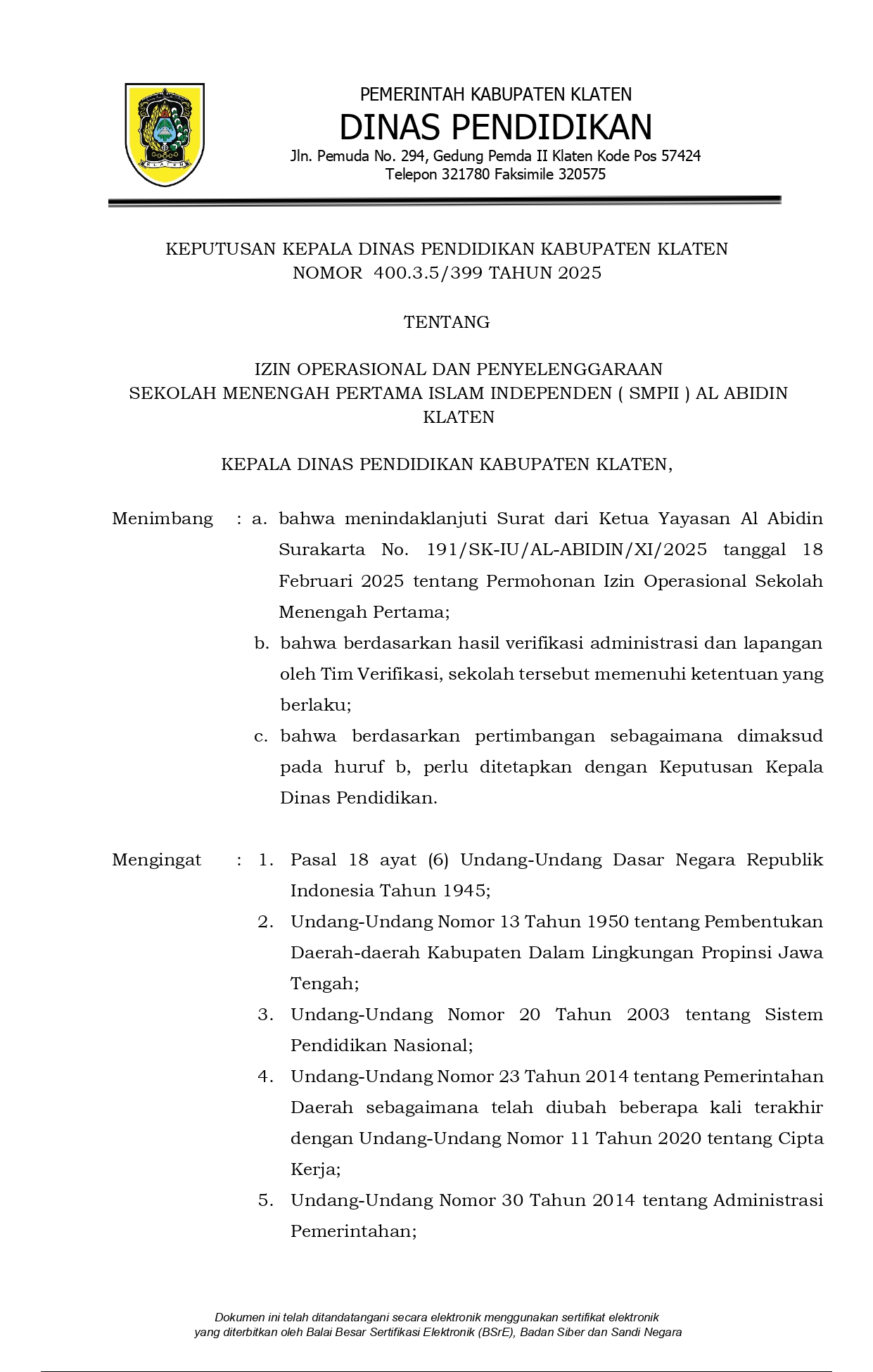 IZIN OPERASIONAL SMPII AL ABIDIN KLATEN