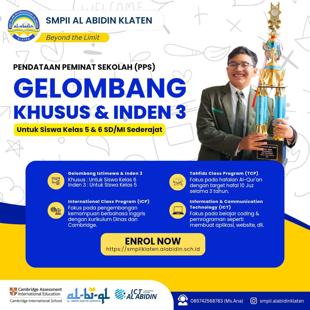SMPII Al Abidin Klaten Sudah Siap Menerima Pendaftaran Putra/Putri Anda